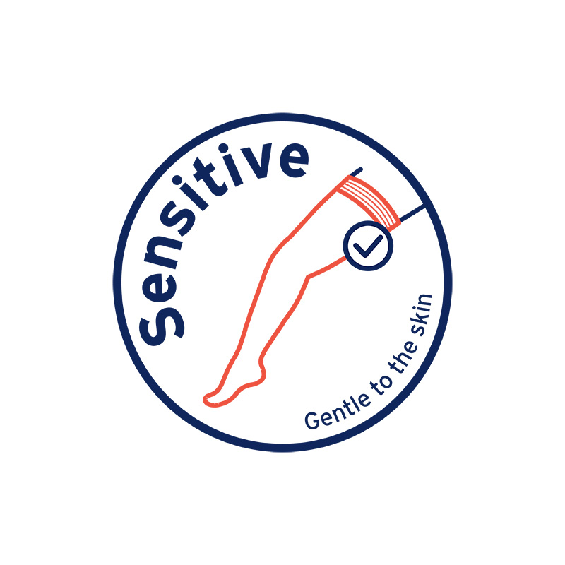 Logo JOBST Sensitive przedstawiające nogę w pończochach uciskowych i napis „Delikatne dla skóry”. Logo JOBST Sensitive przedstawiające nogę w pończochach uciskowych i napis „Delikatne dla skóry”.